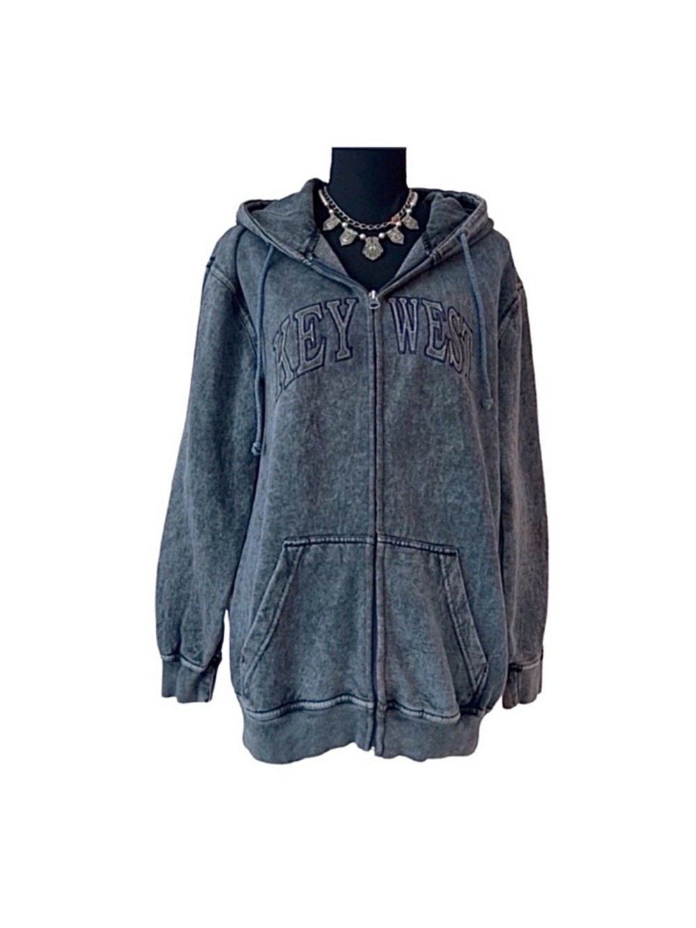#29 OCEAN BLUE ~ Blue Gray Distressed Drawstring Hoodie Jacket w/Pockets